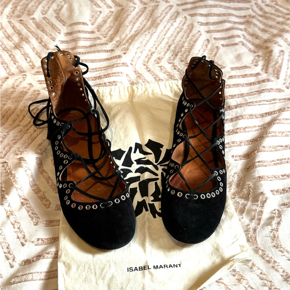 Isabel Marant Black Suede Lace-Up Ballet flats Sz 38